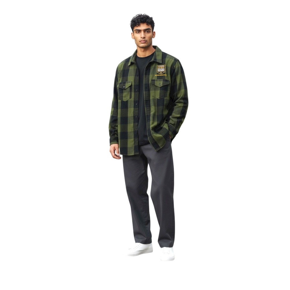 Burnside Men National Guard Flannel Black Green Plaid Shirt Patch‎ Cotton